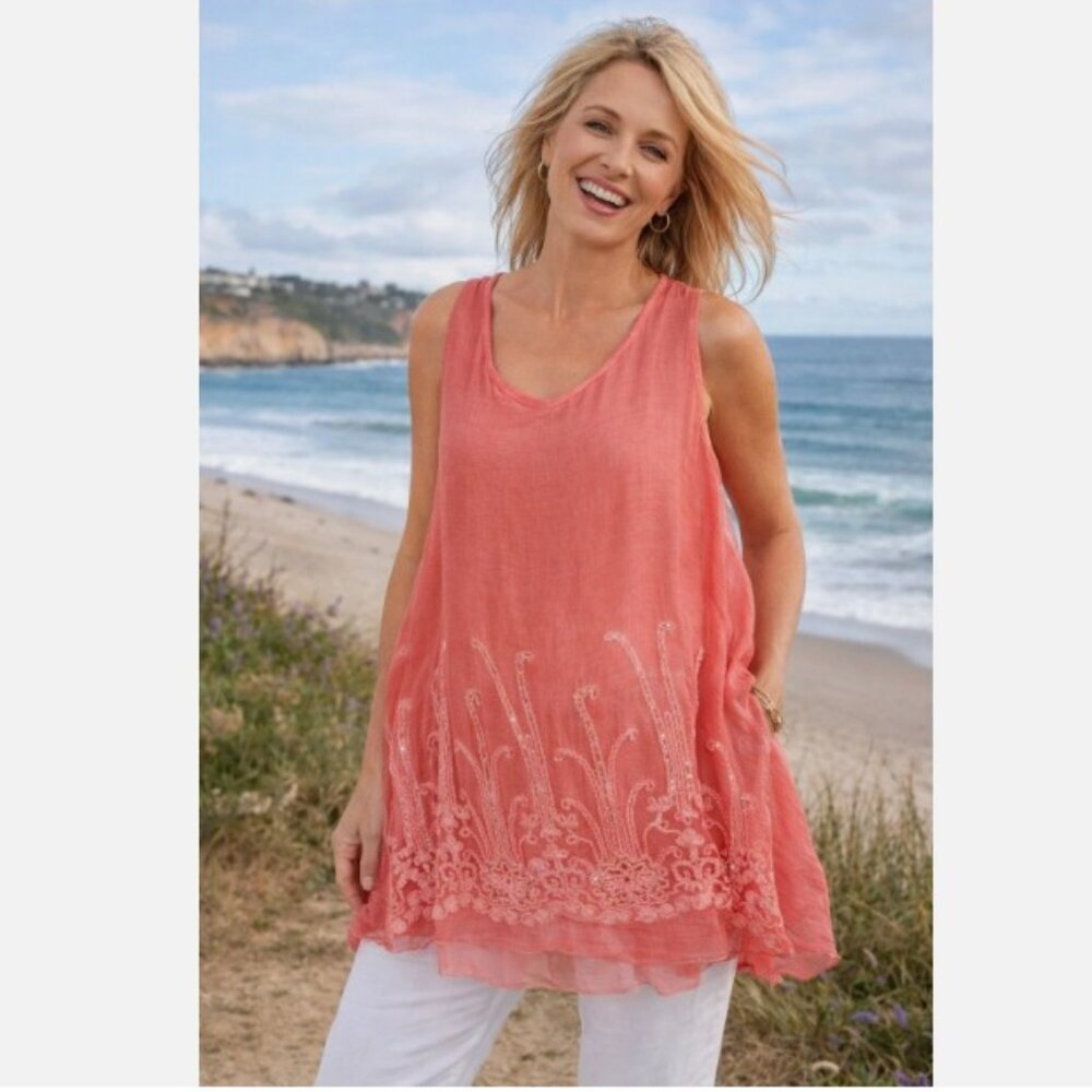 Like New Soft Surroundings Coral Pink Silk Embroidered Sequin Tunic Tank Top S